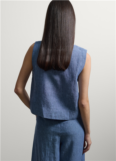 Açık Mavi Denim Keten Kolsuz Oversize Bluz