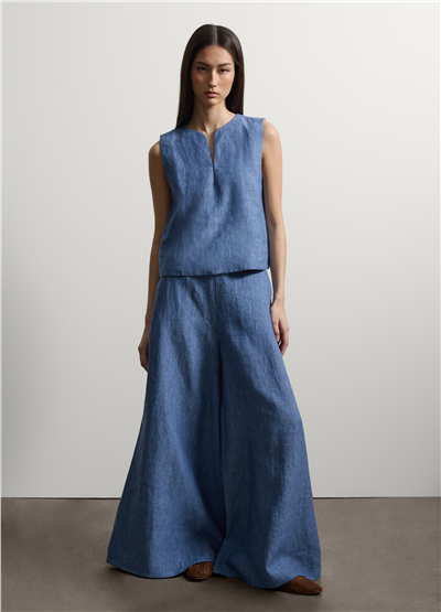 Açık Mavi Denim Keten Kolsuz Oversize Bluz