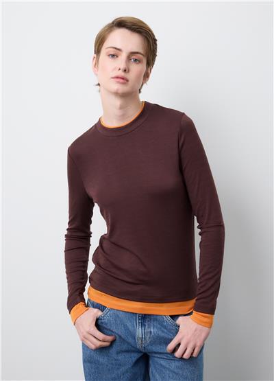 Kahverengi-Turuncu Lyocell ve Yün Normal Kesim Kazak