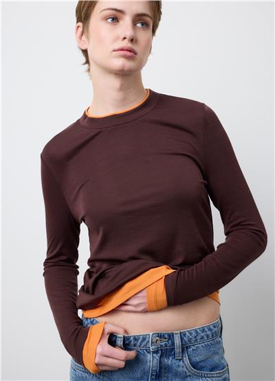 Kahverengi-Turuncu Lyocell ve Yün Normal Kesim Kazak