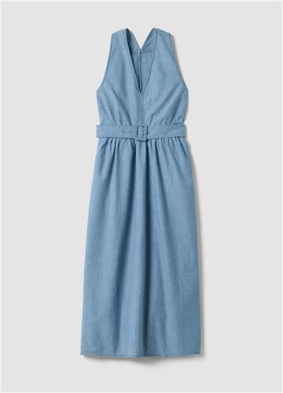 Açık Mavi Kemerli Maxi Denim Elbise