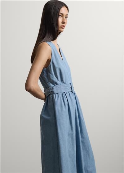 Açık Mavi Kemerli Maxi Denim Elbise