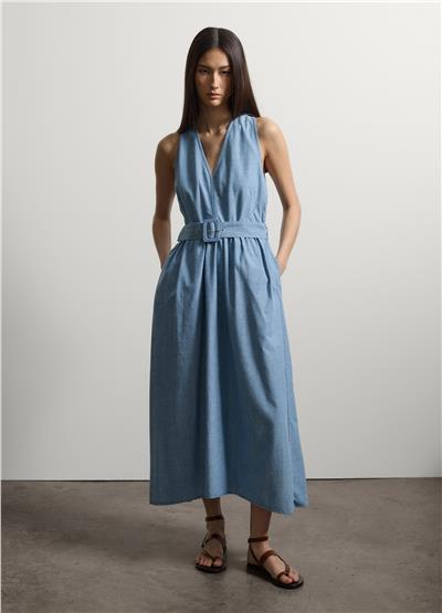 Açık Mavi Kemerli Maxi Denim Elbise
