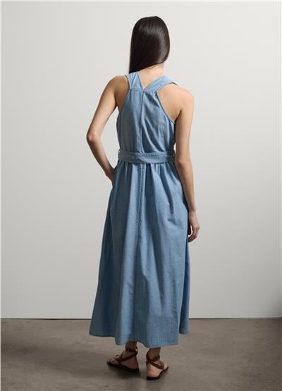 Açık Mavi Kemerli Maxi Denim Elbise
