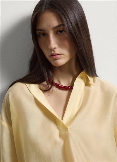 Açık Sarı Lyocell Karışımlı Kısa Kollu Regular Kalıp Gömlek