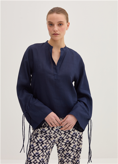 Bağcık Detaylı Oversize Rami Lacivert Bluz