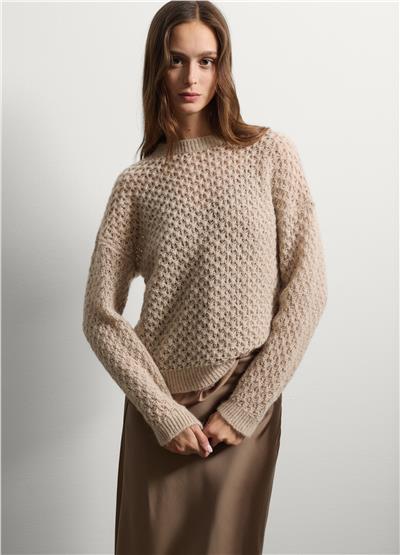 Bej Oversize Alpaka Karışımı Kazak