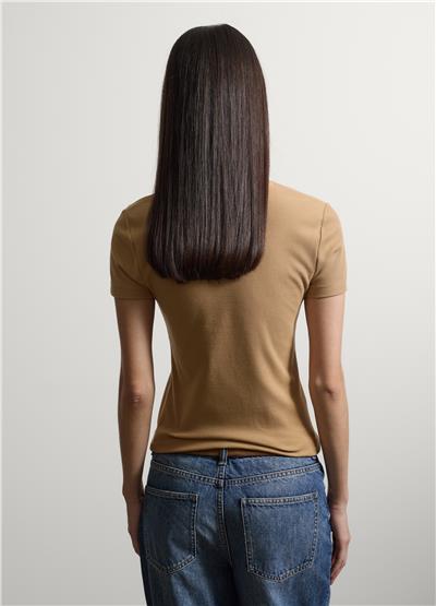 Bej Esnek Pamuklu Regular Fit Kısa Kollu Tişört