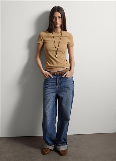 Bej Esnek Pamuklu Regular Fit Kısa Kollu Tişört