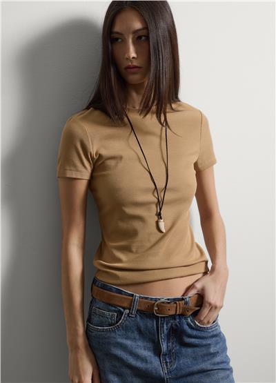Bej Esnek Pamuklu Regular Fit Kısa Kollu Tişört