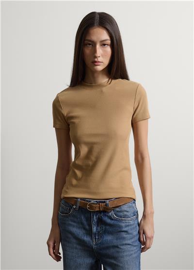Bej Esnek Pamuklu Regular Fit Kısa Kollu Tişört