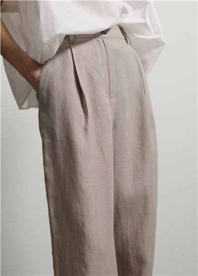 Bej Keten Regular Fit Pantolon