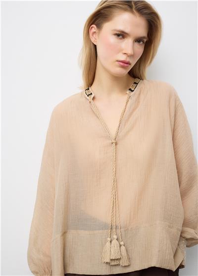 Bej Lyocell Karışımlı Regular Bluz