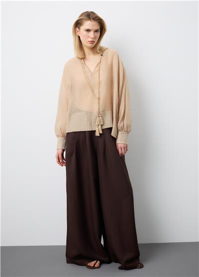 Bej Lyocell Karışımlı Regular Bluz