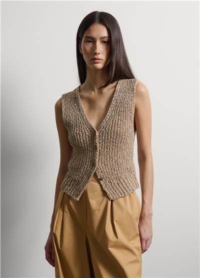 Bej Pamuk Karışımlı Düğmeli Bluz