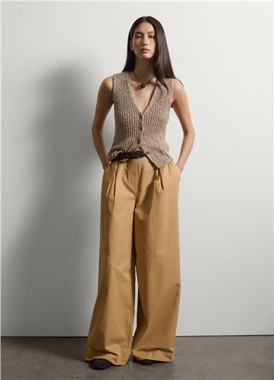 Bej Pamuk Karışımlı Düğmeli Bluz