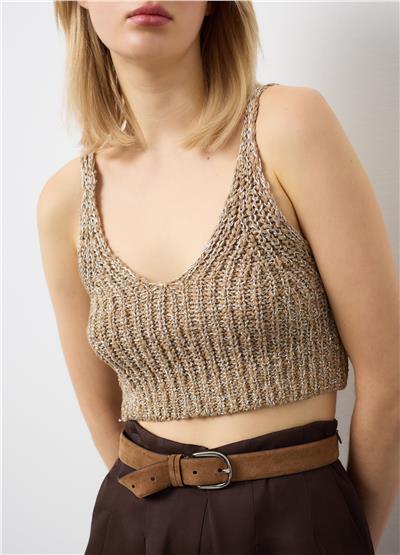 Bej Pamuk Karışımlı İnce Askılı Kısa Bluz