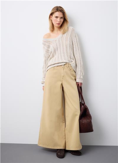Bej Regular Kesimli İspanyol Paça Saf Denim Kot Pantolon