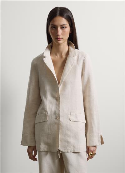Bej Saf Keten Regular Kalıp Blazer Ceket