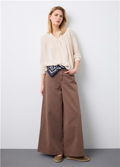 Bej Saf Viskoz Bant Yakalı Regular Kalıp Gömlek