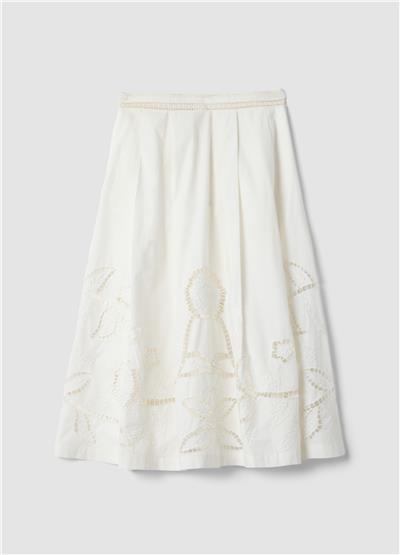 Beyaz Broderie Anglaise Detaylı Pamuk Midi Etek