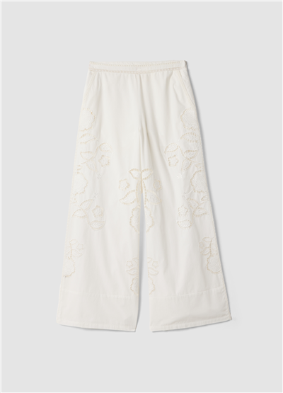 Beyaz Broderie Anglaise Nakışlı Pamuk Bol Paça Pantolon