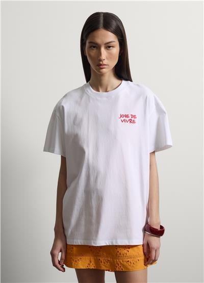 Beyaz Nakışlı Oversize Pamuk Tişört