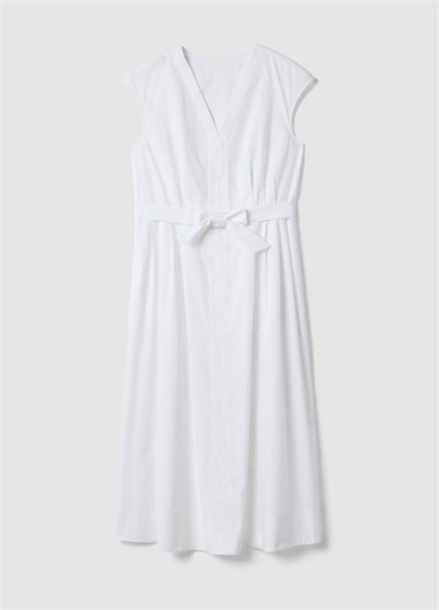 Beyaz Oversize V Yaka Midi Elbise
