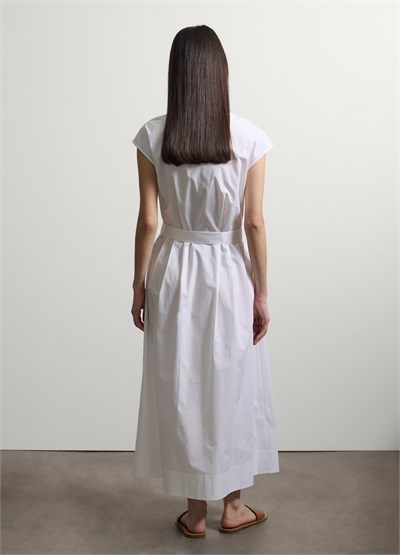 Beyaz Oversize V Yaka Midi Elbise