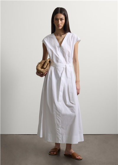Beyaz Oversize V Yaka Midi Elbise
