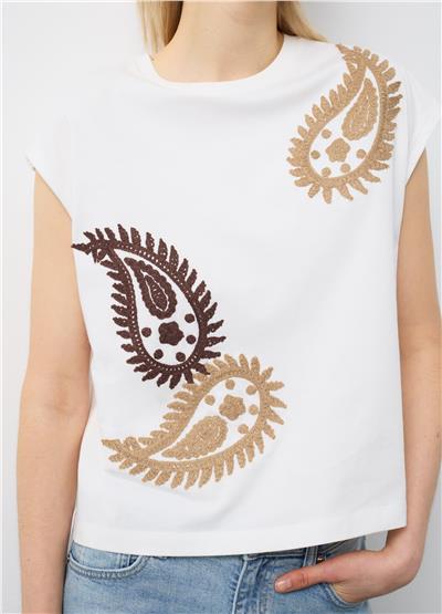 Beyaz Saf Pamuk Oversize İşlemeli Paisley Desenli Tişört