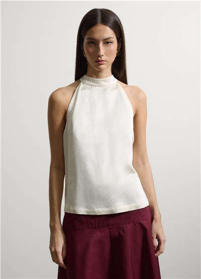 Beyaz Viskoz Karışımlı Sıfır Kol Normal Kesim Bluz