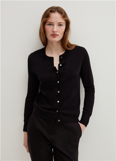Bisiklet Yaka İpek Ve Pamuklu Siyah Hırka