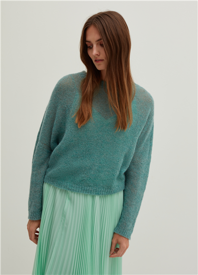 Bisiklet Yaka Yeşil Simli Kazak