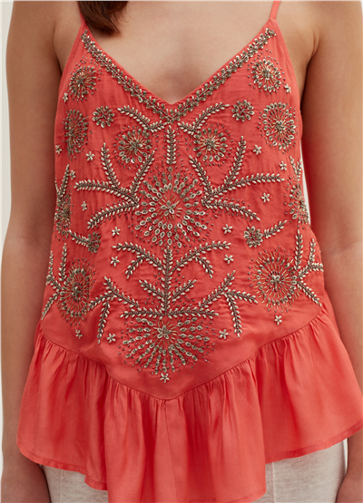 Boncuk İşlemeli Pembe Viskoz Atlet