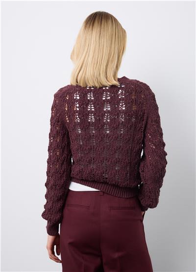 Bordo Pamuk Karışımlı Regular Kesimli File Desenli Kazak