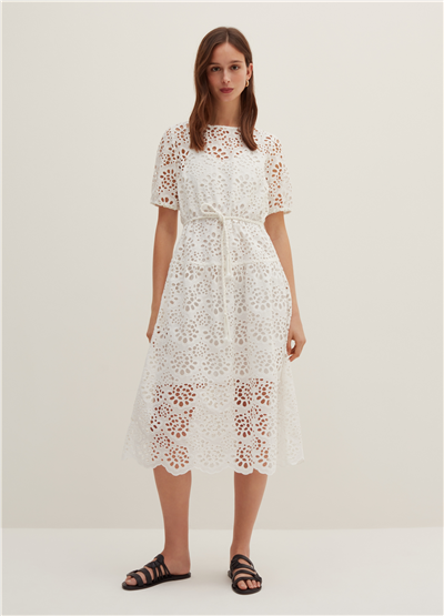 Broderie Anglaise Beyaz Kemerli Midi Elbise