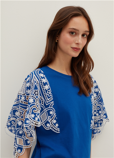 Broderie Anglaise Kimono Kollu Tişört
