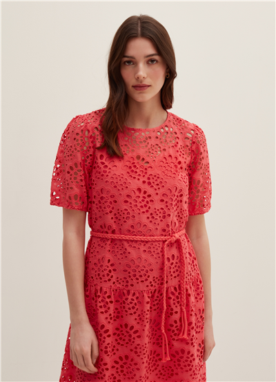 Broderie Anglaise Kırmızı Kemerli Midi Elbise
