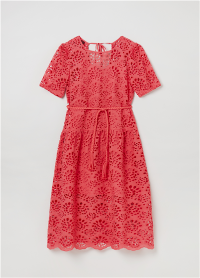 Broderie Anglaise Kırmızı Kemerli Midi Elbise