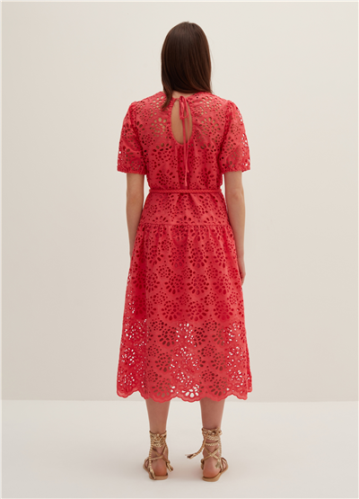 Broderie Anglaise Kırmızı Kemerli Midi Elbise