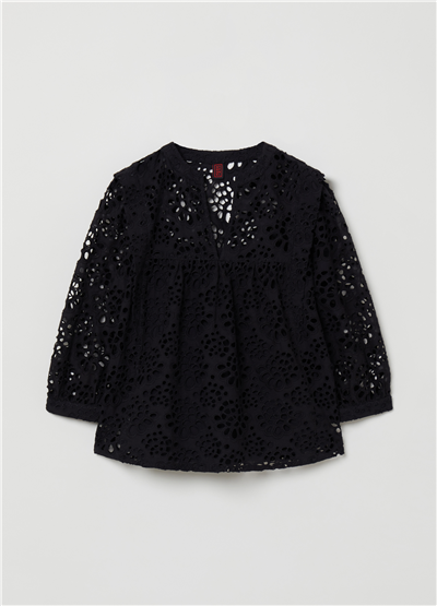 Broderie Anglaise Siyah Bluz