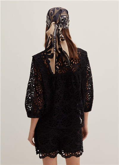 Broderie Anglaise Siyah Bluz