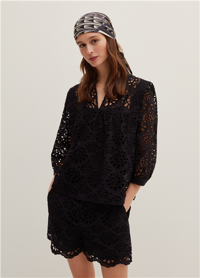 Broderie Anglaise Siyah Bluz