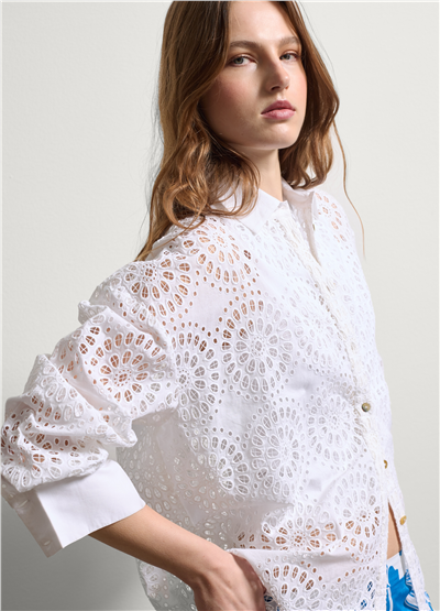 Broderie Anglaise Uzun Kollu Beyaz Gömlek