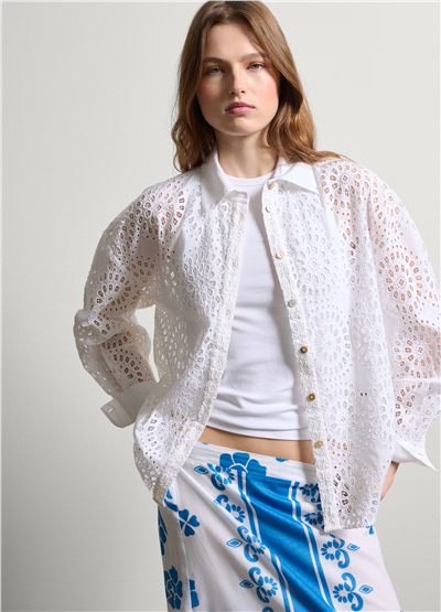 Broderie Anglaise Uzun Kollu Beyaz Gömlek
