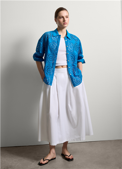 Broderie Anglaise Uzun Kollu Mavi Gömlek