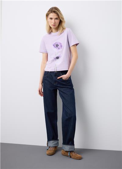Çiçek Desenli Mor Renkli Bisiklet Yakalı Normal Kesimli Pamuklu Tişört