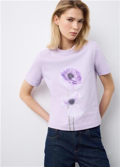Çiçek Desenli Mor Renkli Bisiklet Yakalı Normal Kesimli Pamuklu Tişört