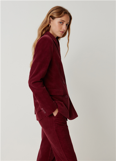 Çift Sıra Düğmeli Fitilli Kadife Bordo Blazer Ceket